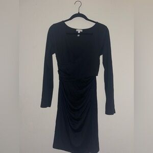 Leith Black Draped Faux Wrap Ruched Side Bodycon Long Sleeve Mini Dress